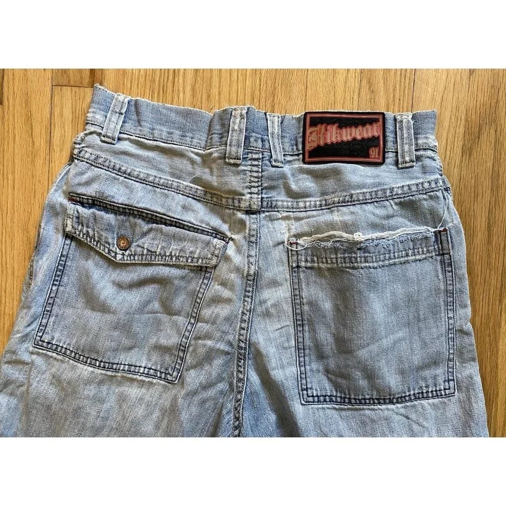Vintage 90s Kikwear Distressed Denim Shorts Baggy Jorts Y2K Rave Skate RN 87490